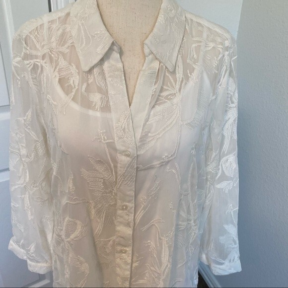 DANA BUCHMAN Embroidered Ivory Lightweight Two Piece Vintage Blouse Size M - Picture 1 of 15